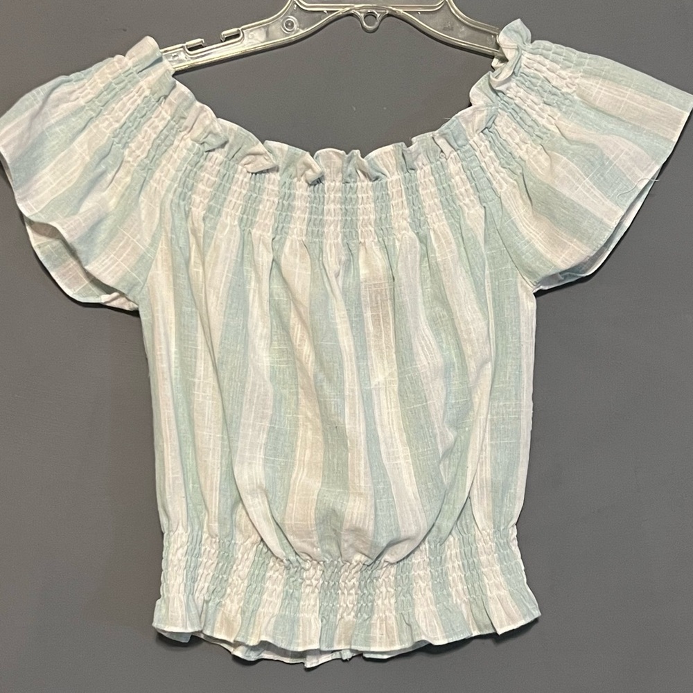 Impeccable Pig Small Cotton Blend Striped Top cream pale mint elastic waist bow